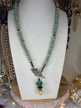 Handcrafted Glass Wood Necklace Beaded Jewelry Artisan Green Brown